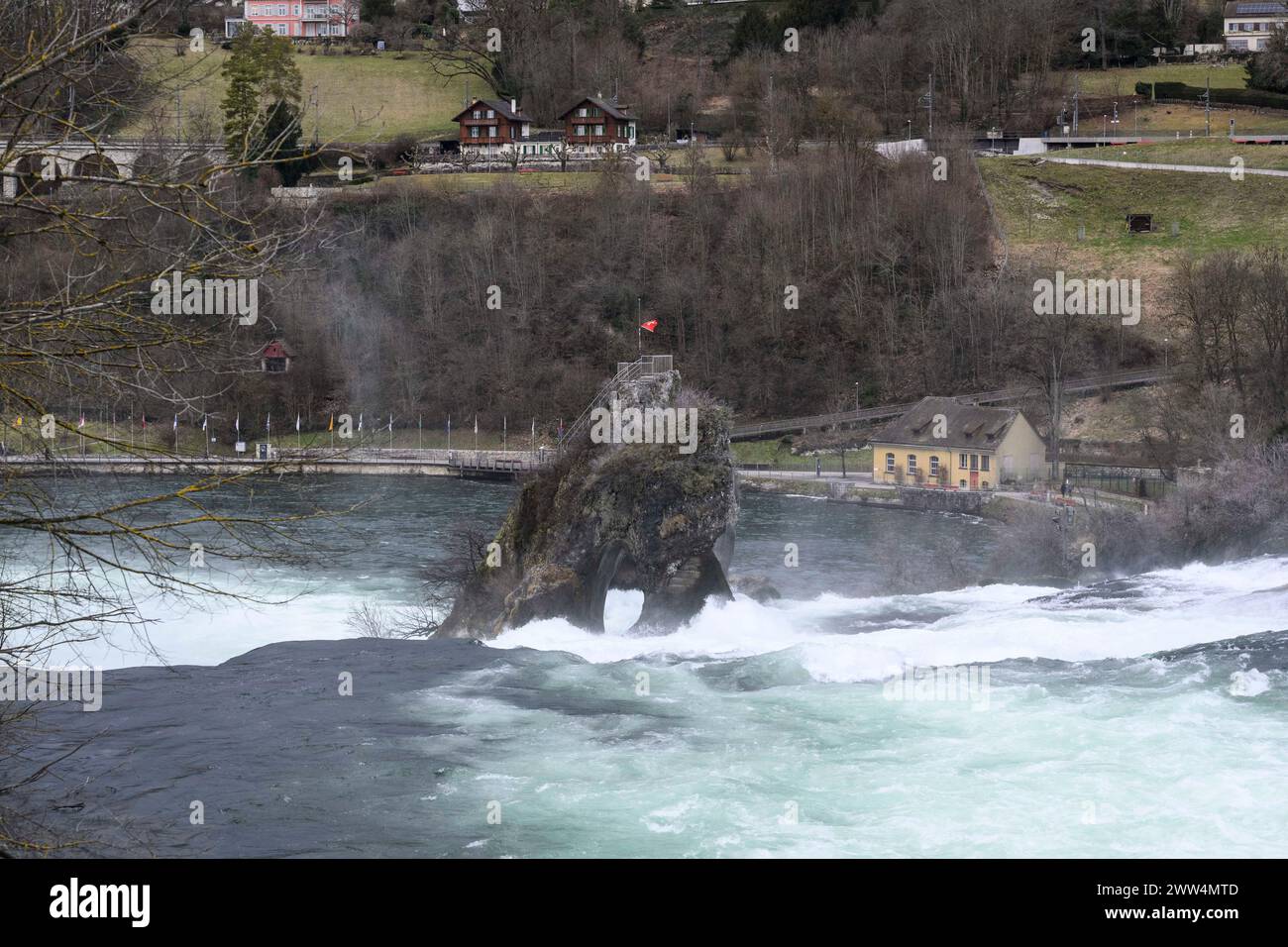 Fels mit Schweizer Flagge am Rheinfall unterhalb des Schlosses laufen. Rheinfall, Neuhausen Schweiz, 24.01.2024, Foto: HMB Media/Uwe Koch Stockfoto