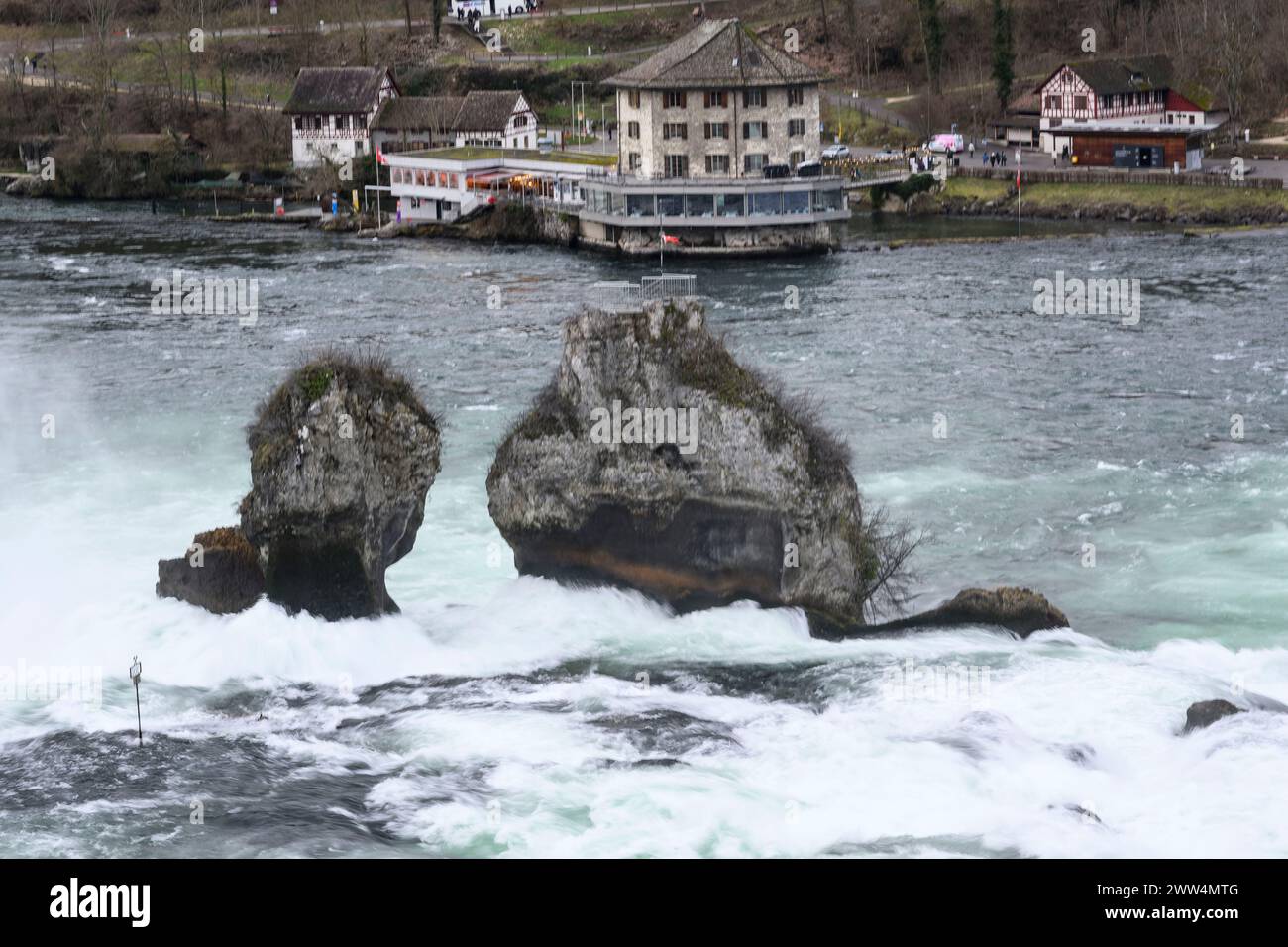 Fels mit Schweizer Flagge am Rheinfall unterhalb des Schlosses laufen. Rheinfall, Neuhausen Schweiz, 24.01.2024, Foto: HMB Media/Uwe Koch Stockfoto