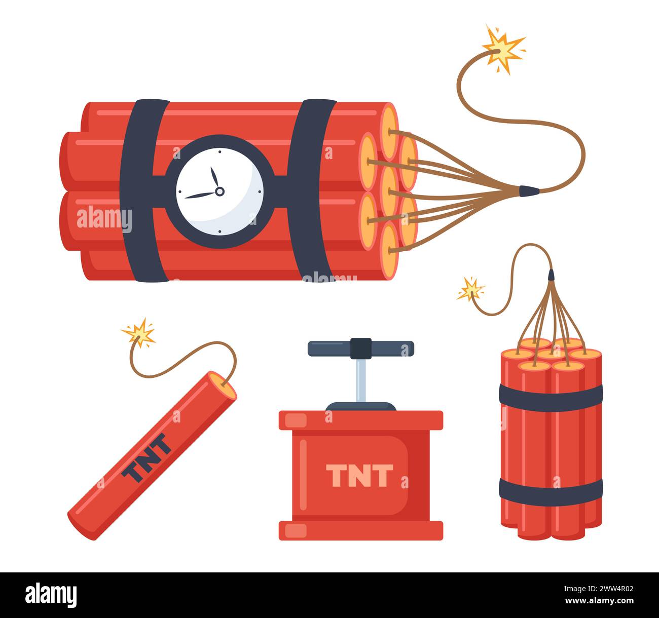Dynamit-Sticks, Set. Rot klebt mit brennenden Sicherungen und Explosionszeitgeber. Symbole für Sprengkörper von Trinitrotoluol. Vektorabbildung Stock Vektor