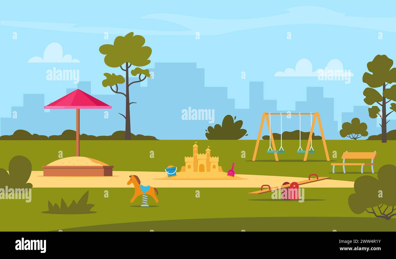 Öffentlicher Park in der Stadt mit Kinderspielplatz. Spielplatzelemente für Kinder. Rutsche, Bänke, Sandkasten, Schaukel- und Erholungspark, bis Stock Vektor