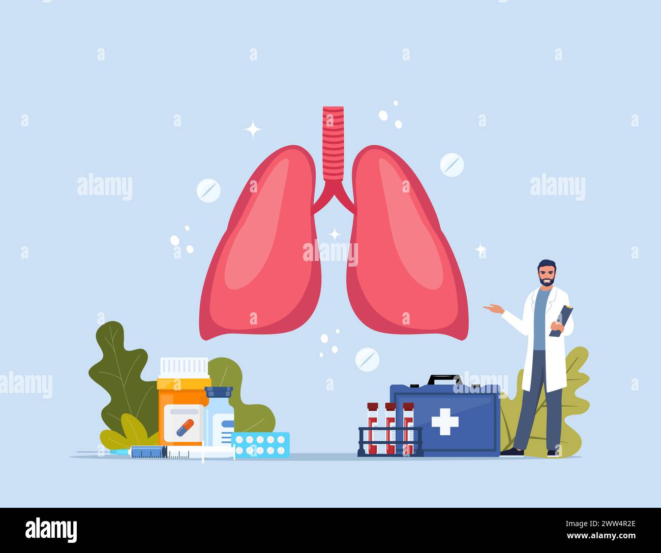 Die menschliche Lunge. Behandlung von inneren Organerkrankungen. Modernes Designkonzept mit winzigem Arzt Charakter, Medikamente, Ausrüstung, Analyse. Vektorabbildung Stock Vektor
