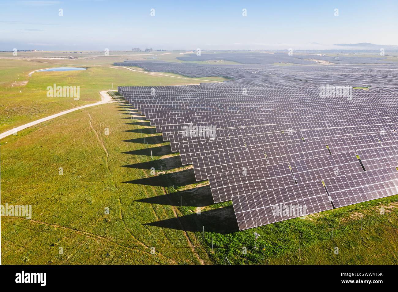 Ein großes Feld von Solarpaneelen ist von oben sichtbar. Die Felder sind in Reihen angeordnet und über das Feld verteilt. Der Himmel ist klar und die Sonne Stockfoto