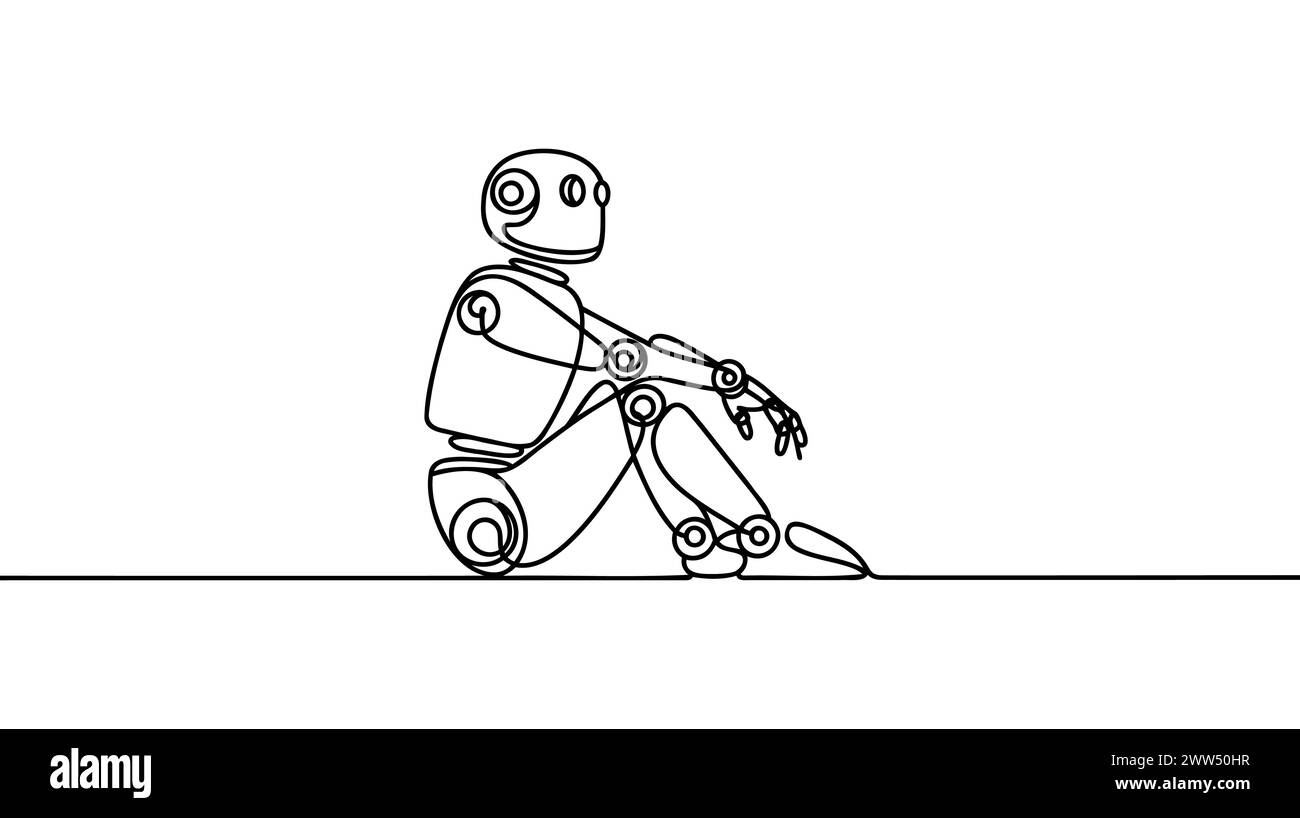 Sitzender Roboter mit durchgehender einzeiliger Zeichnung. Computer-Mann oder Cyborgs aus Metall. Freundlicher Mechanismus. Grafische Vektorgrafik-Illustration für eine einzelne Linie Stock Vektor