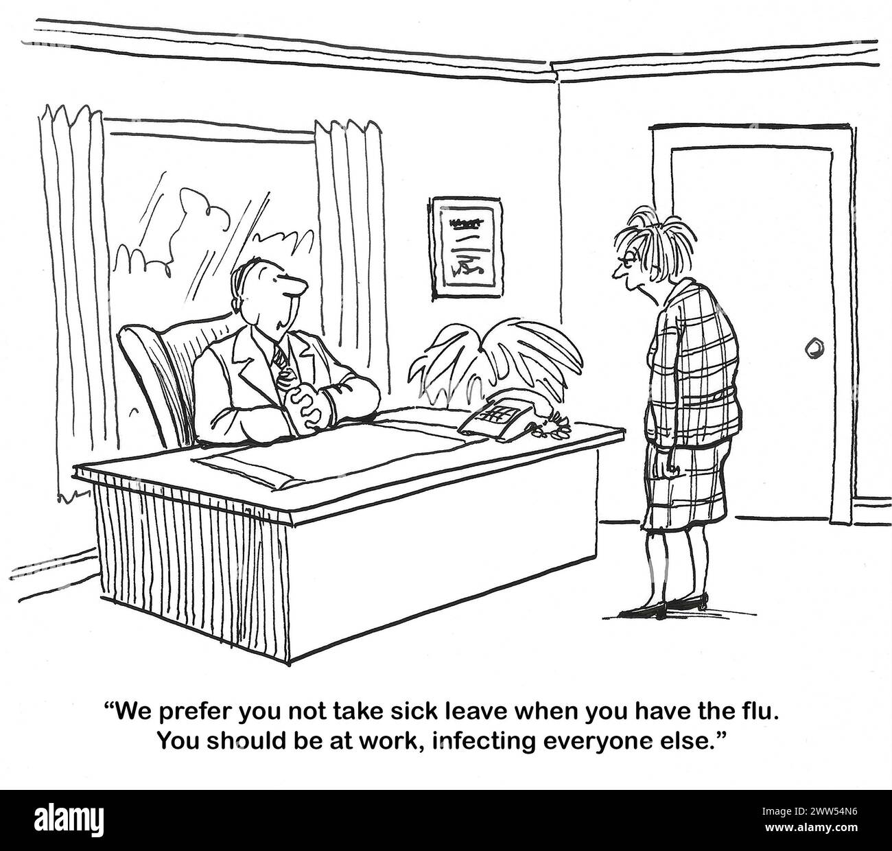 BW-Cartoon eines männlichen Bosses, der zu weiblichen Arbeitern sagt: Bitte arbeiten Sie, auch wenn Sie die Grippe haben. Stockfoto
