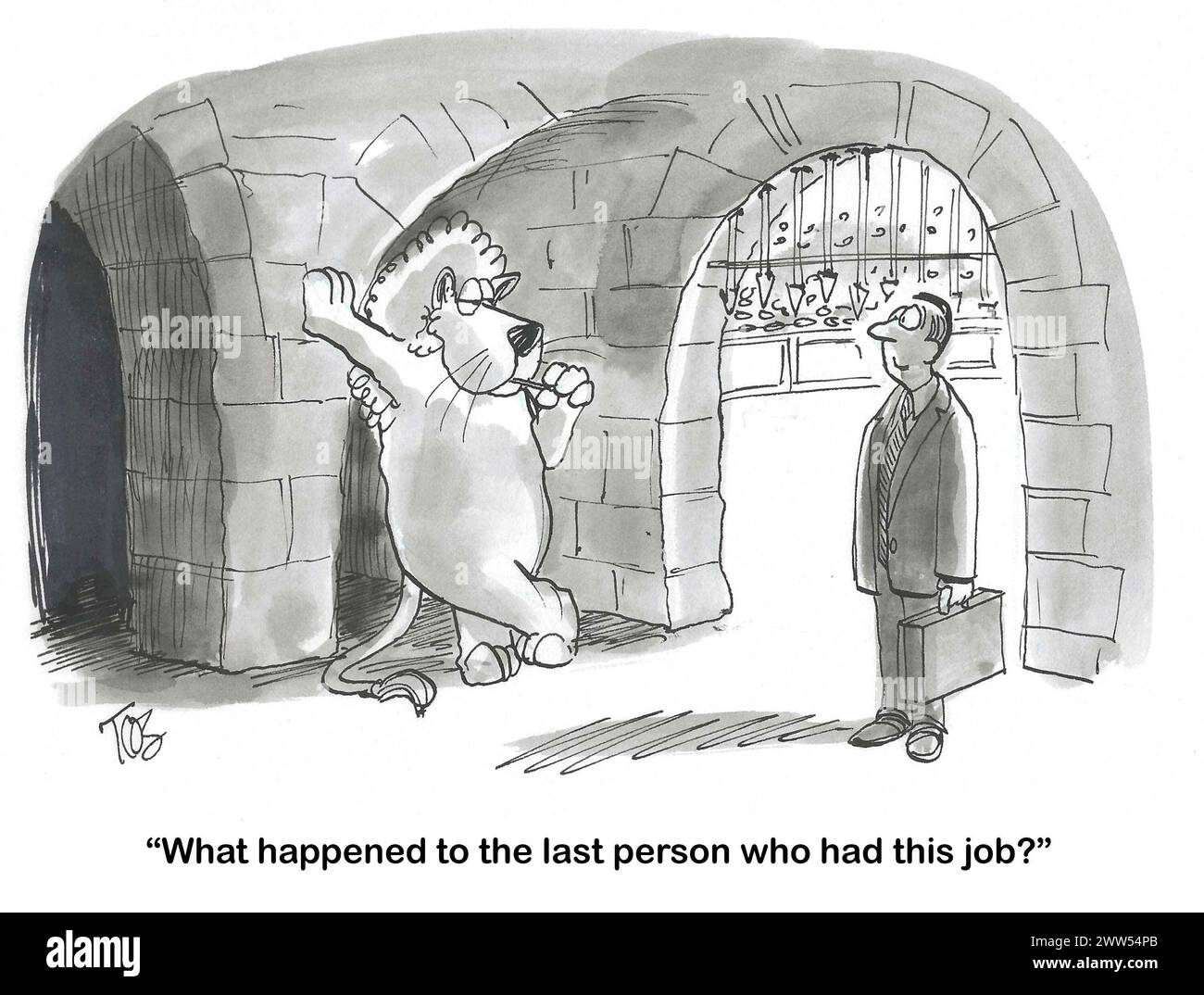 BW-Cartoon eines professionellen Mannes, der einen Löwen fragt, was mit der letzten Person passiert ist, die diesen Job hatte. Stockfoto