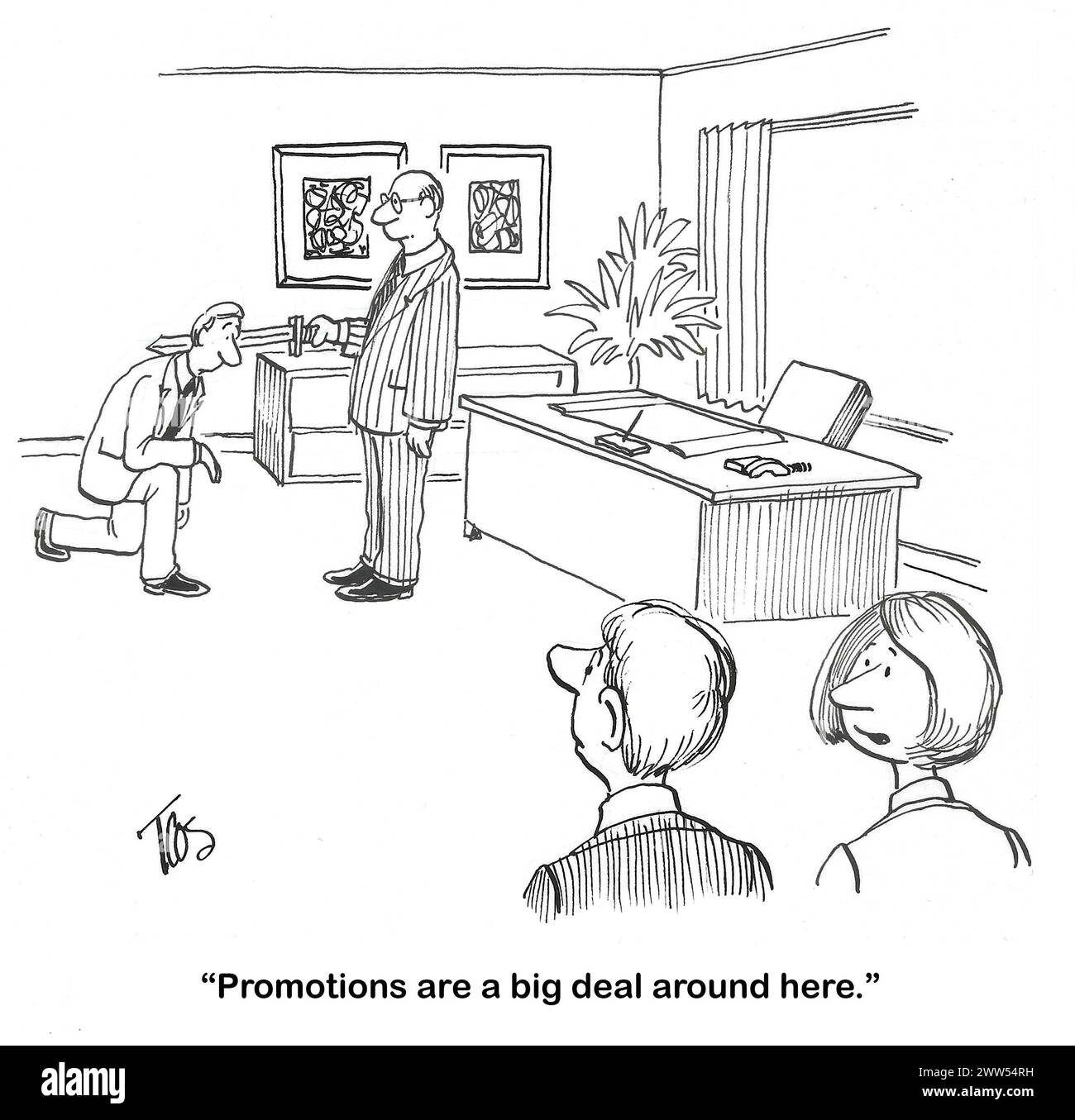 BW Cartoon eines Unternehmens, in dem Promotionen eine große Sache sind, ein Rittertum kommt mit dazu. Stockfoto