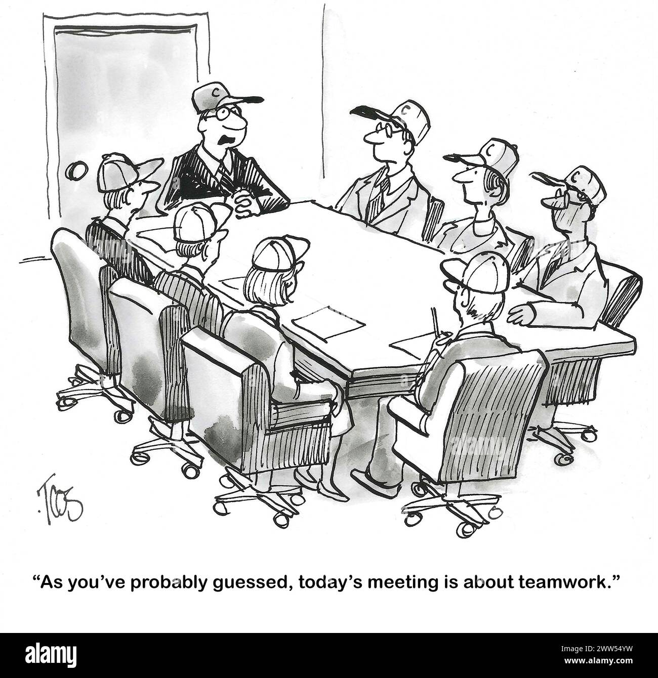 BW-Cartoon eines Team-Meetings. Alle Mitglieder tragen Baseballmützen. Stockfoto