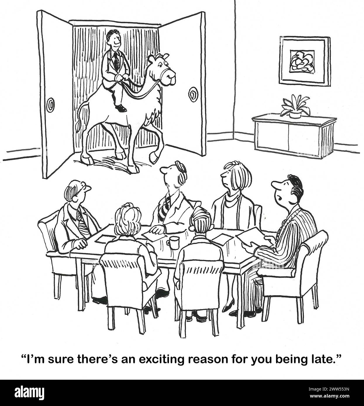 BW-Cartoon eines professionellen Mannes, der spät ins Meeting kommt und auf einem Kamel. Stockfoto