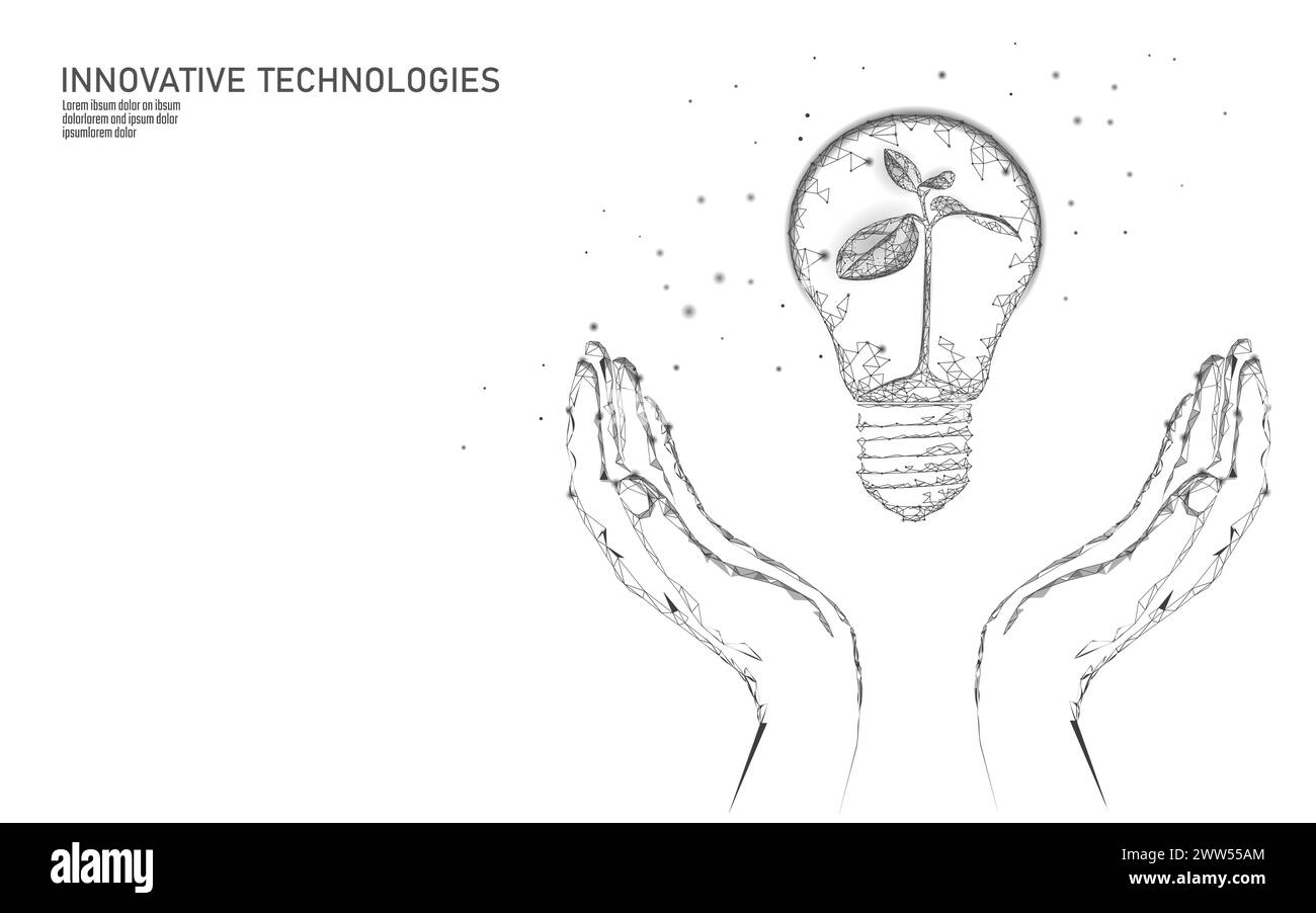 Handleuchte Glühlampe Energiesparen umweltfreundliches Konzept. Polygonaler blauer Spross kleiner Pflanzenkeimling im „Strom“-Green Energy-Power-Banner Stock Vektor