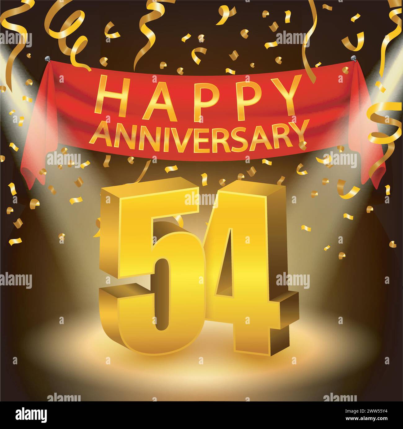 Happy 54th Anniversary Celebration mit goldenem Konfetti und Spotlight, Vektor-Illustration Stock Vektor