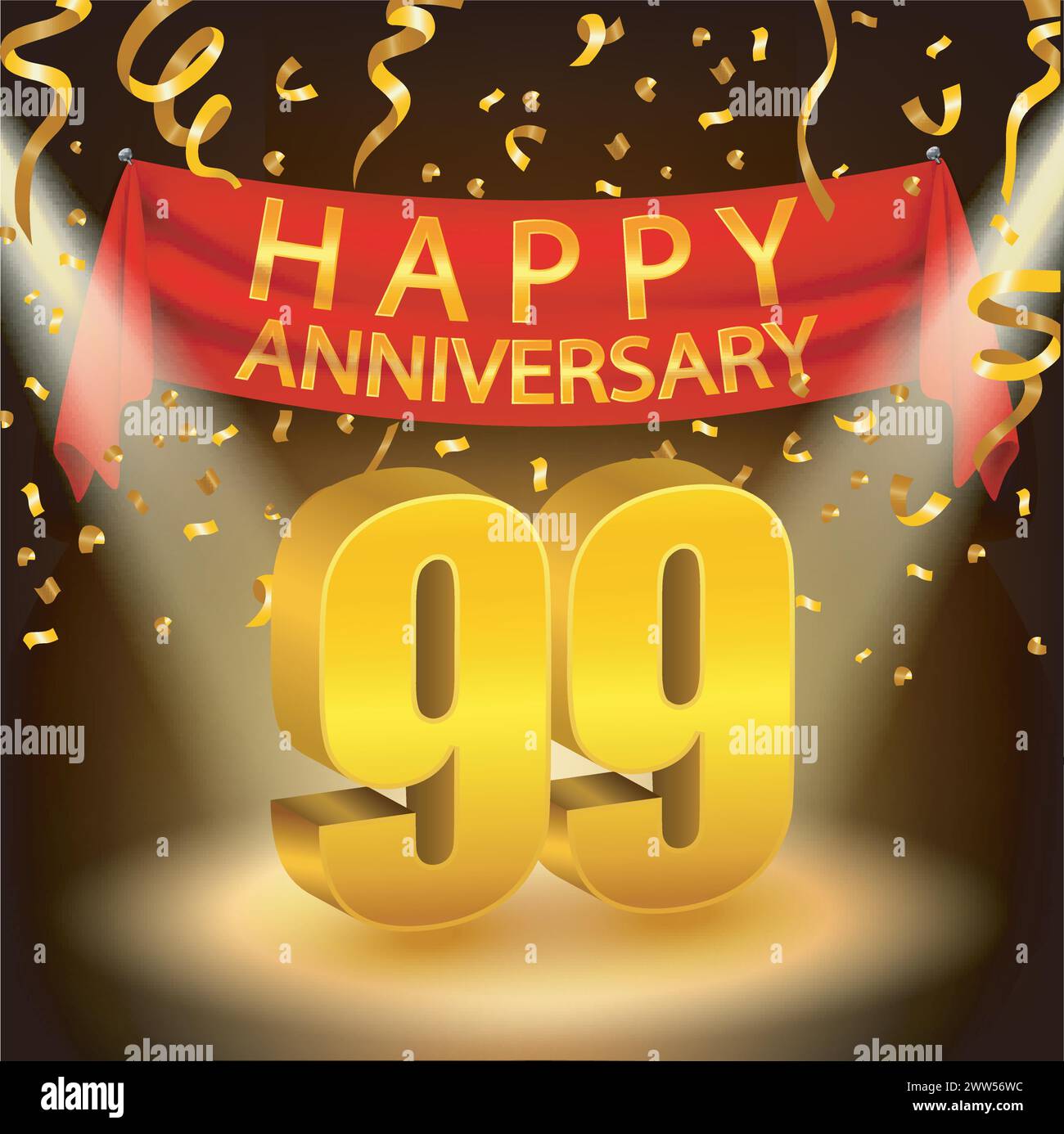Happy 99th Anniversary Celebration mit goldenem Konfetti und Spotlight, Vektor-Illustration Stock Vektor