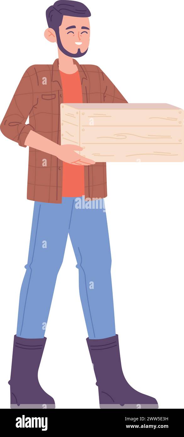 Glücklicher junger Mann mit Holzkiste. Natürliche Produktlieferung isoliert auf weißem Hintergrund Stock Vektor