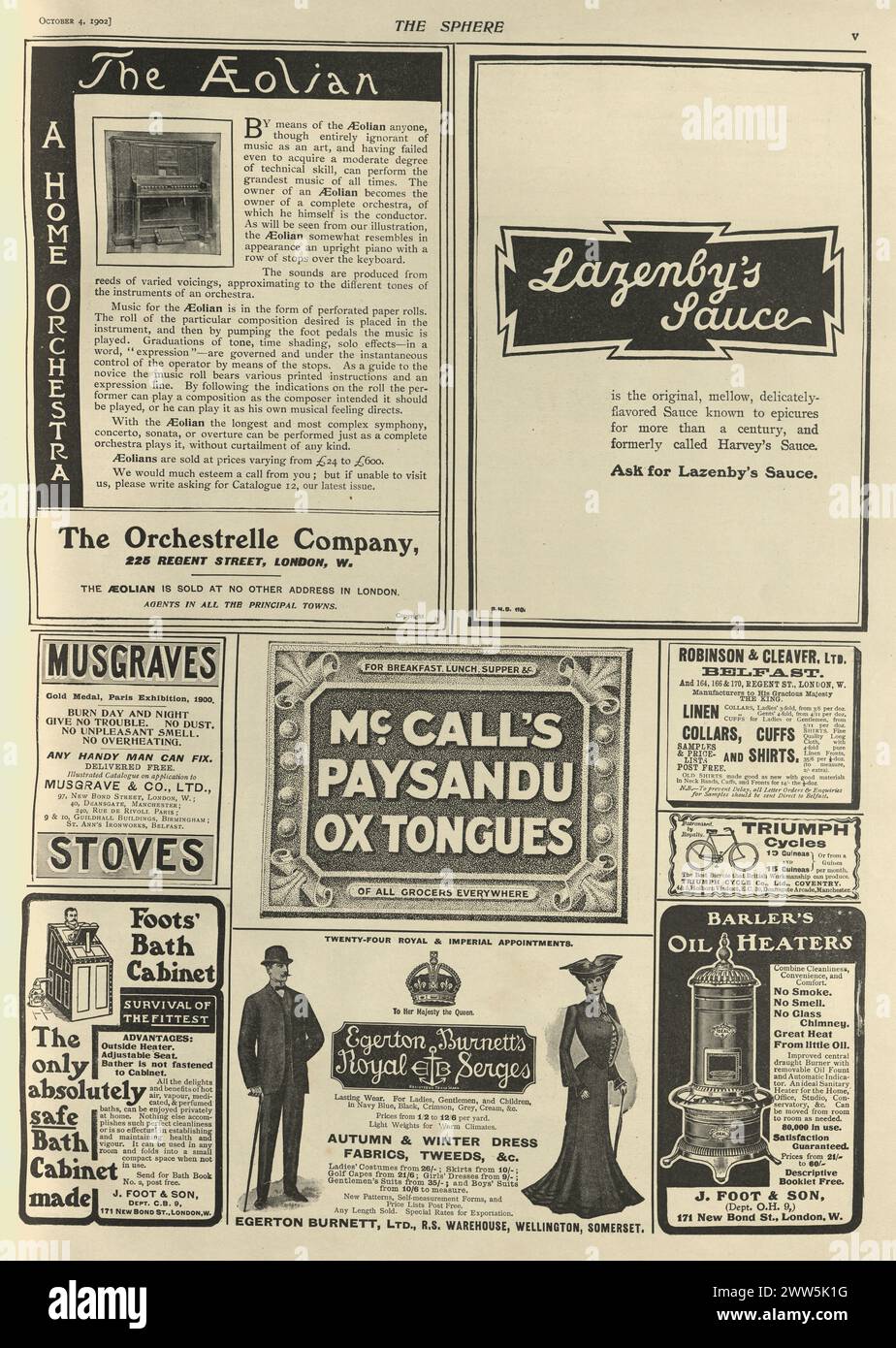 Edwardian Zeitungsanzeigen, 1902, Äolisches Heimorchester, Mode, Poil Heaters, Badezimmerschrank Stockfoto