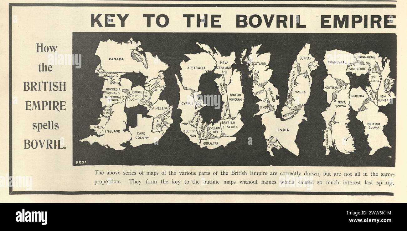 Edwardianische Zeitungswerbung für Bovril, How the British Empire Spells Bovril, 1902, Stockfoto