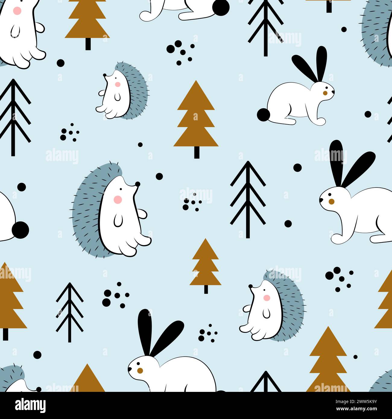 Nahtloses Muster mit Igeln und Hasen im Wald Stock Vektor
