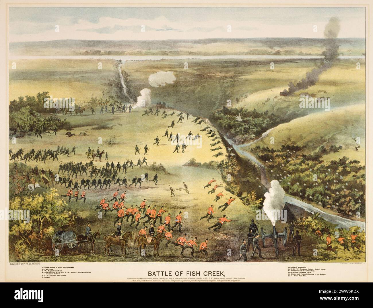 Vintage Canadian History Lithograph. Schlacht am Fish Creek. Veröffentlicht von Grip Printing Co Toronto., 1885. Die Schlacht von Fish Creek, die am 24. April 1885 in Fish Creek, Saskatchewan, ausgetragen wurde, war ein großer Sieg der Métis über die kanadischen Streitkräfte, die versucht hatten, die nordwestliche Rebellion von Louis Riel zu unterdrücken. Stockfoto