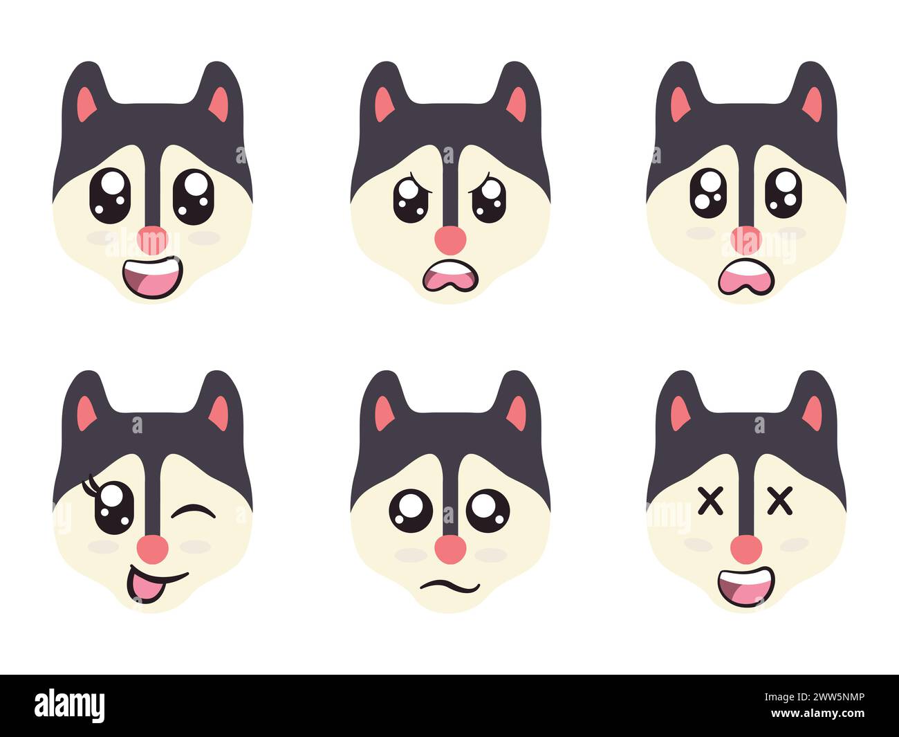 Schwarz-weißer Kopf Hundegesicht Charakterausdruck Lächeln fröhlich trauriges Augenzwinkern und fröhliche Geste Stock Vektor