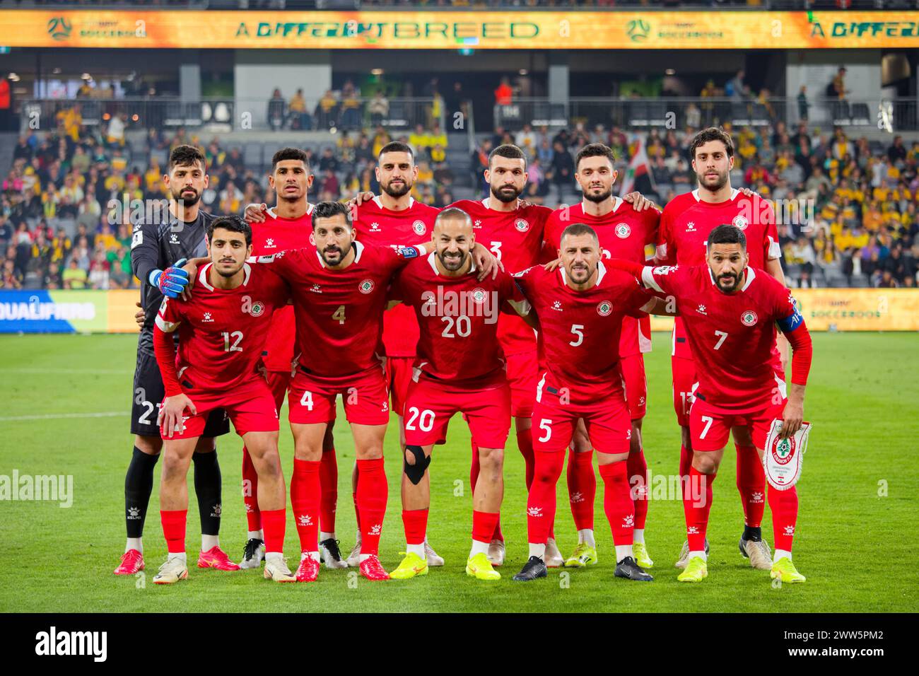 Sydney, Australien. März 2024. Libanesische Spieler posieren für Fotografen vor dem Qualifikationsspiel zur FIFA-Weltmeisterschaft 2026 zwischen Australien und dem Libanon am 21. März 2024 im Western Sydney Stadium. Credit: IOIO IMAGES/Alamy Live News Stockfoto