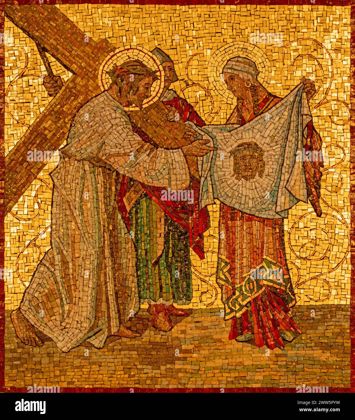 MAILAND, ITALIEN - 4. MÄRZ 2024: Das Mosaik Veronica wischt das Gesicht Jesu als Teil des Kreuzbahnhofs in der Kirche Chiesa di San Agostino ab Stockfoto
