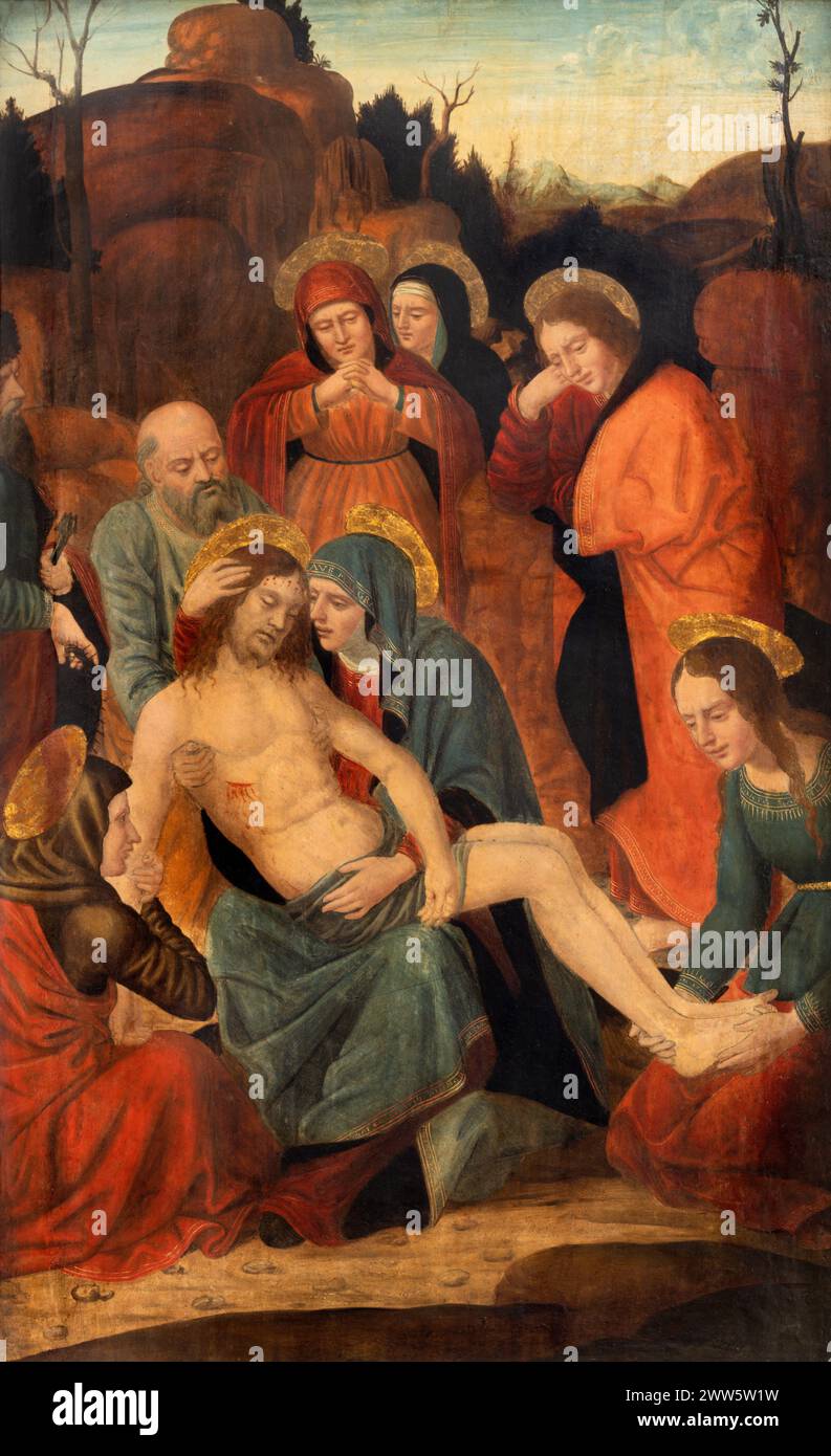MAILAND, ITALIEN - 4. MÄRZ 2024: Gemälde von Depostiont (Pieta) in der Kirche Chiesa di San Bernardino alle Ossa von einem unbekannten Künstler aus dem 16. Jahrhundert. Cent. Stockfoto