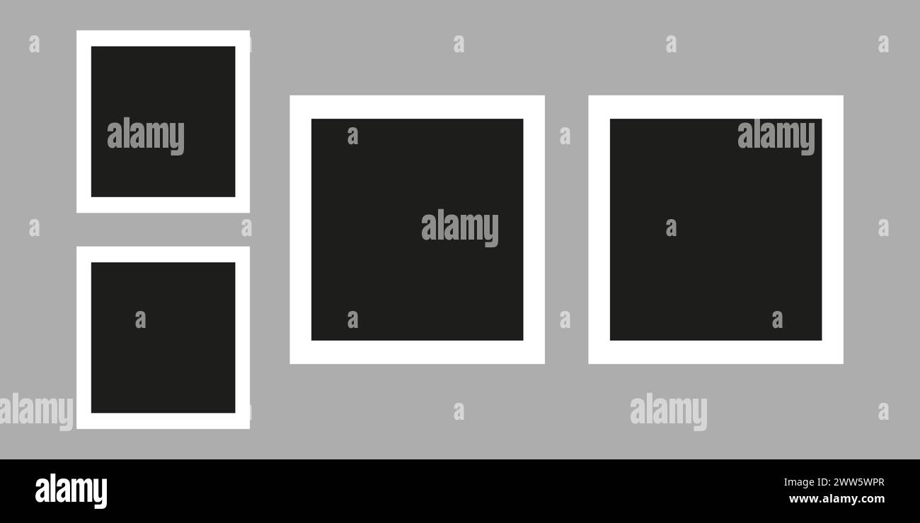 Die Polaroid-Kamera rahmt ein Fotomockup-Scrapbook auf eine graue Wand. Schwarze Fotorahmen-Vorlage. Vektorabbildung. Stock Vektor