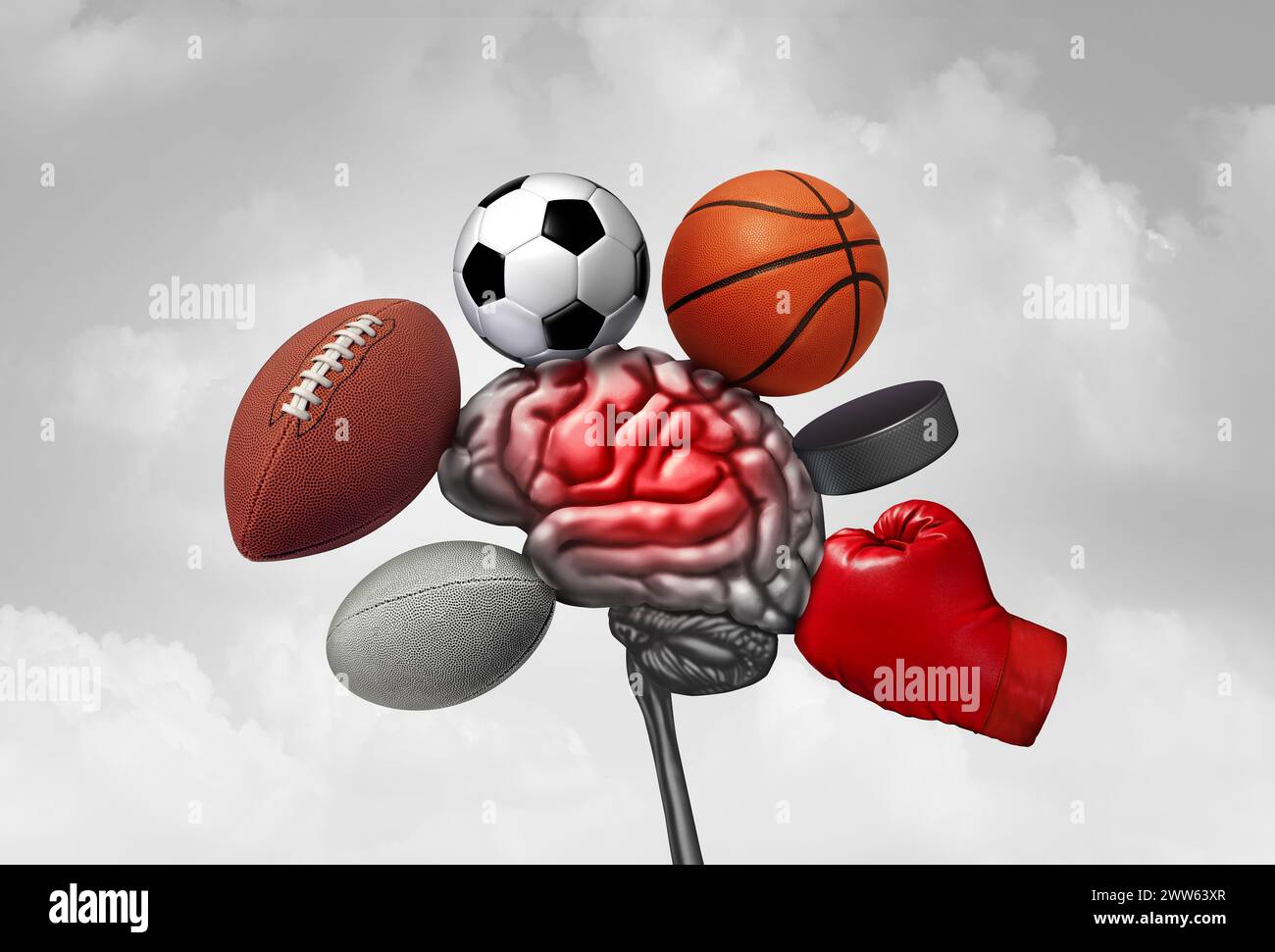 Sporthirnverletzung als Sportverletzung, die eine Gehirnerschütterung verursacht, wie Fußball Hockey Rugby Basketball Boxen und Fußball als Ausrüstung oder Athleten abstürzen Stockfoto