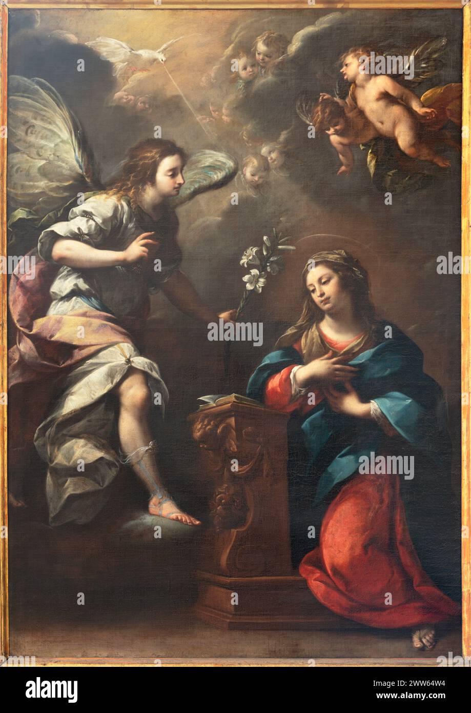 MAILAND, ITALIEN – 4. MÄRZ 2024: Gemälde der Verkündigung in der Kirche Chiesa di San Nazaro in Brolo von Daniele Crespi (1598–1630). Stockfoto