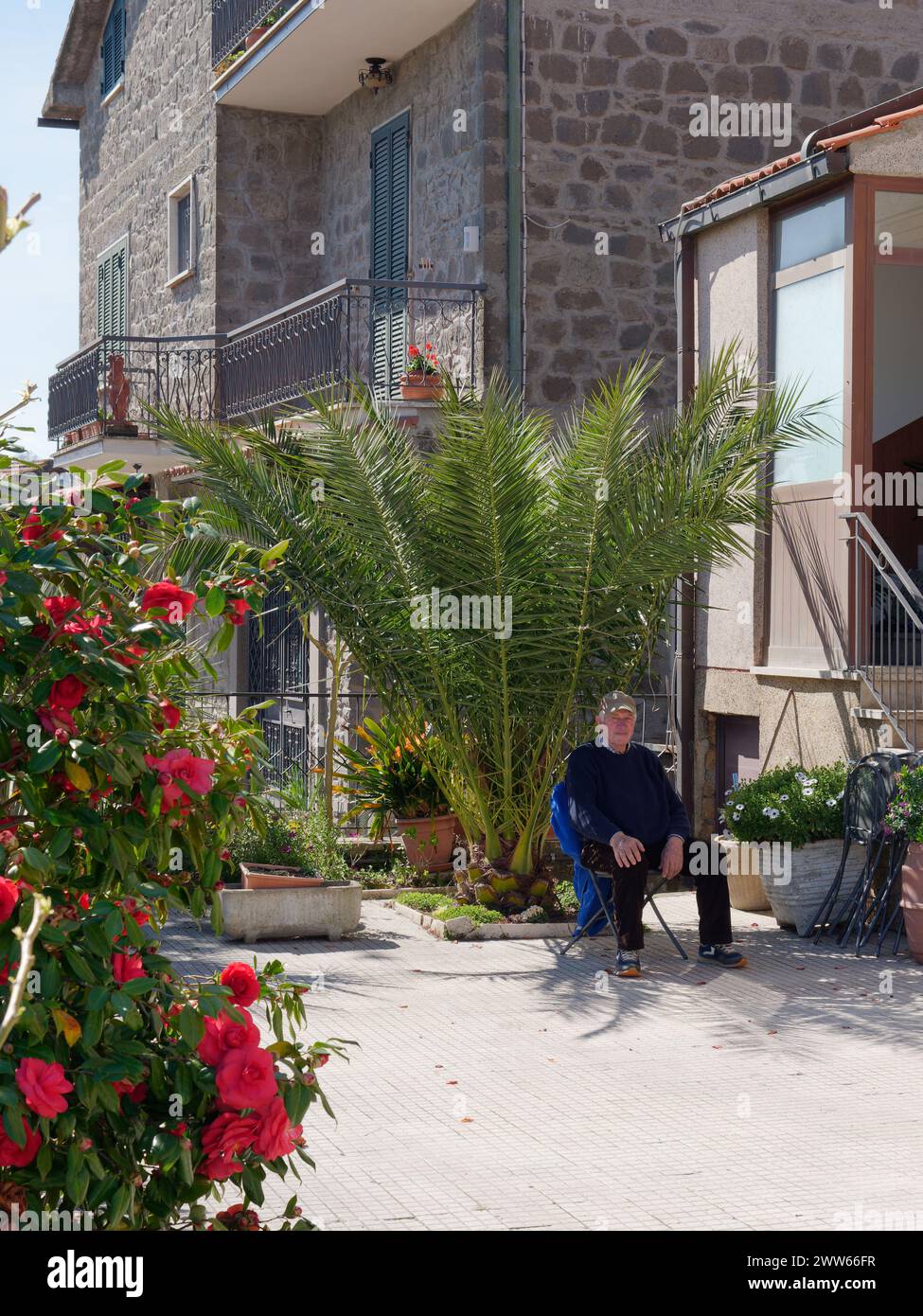 Männlicher Seniorenbürger sitzt im Schatten einer großen Pflanze neben seinem Haus Montefiascone, Region Latium, Italien. März 2024 Stockfoto