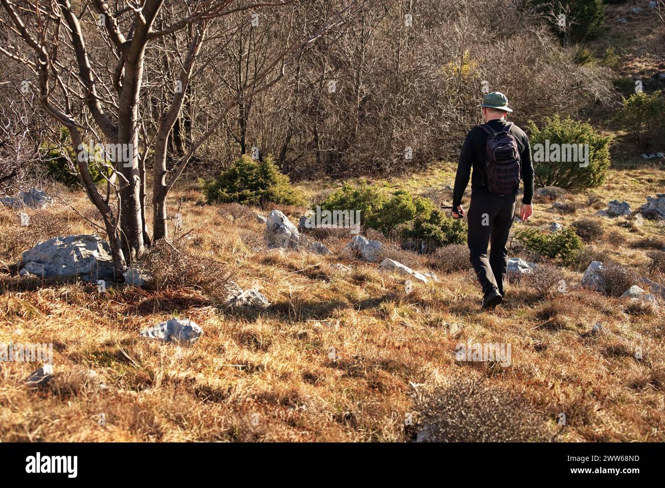 Rückansicht des Reifen Mannes, der in den Bergen wandert Stockfoto