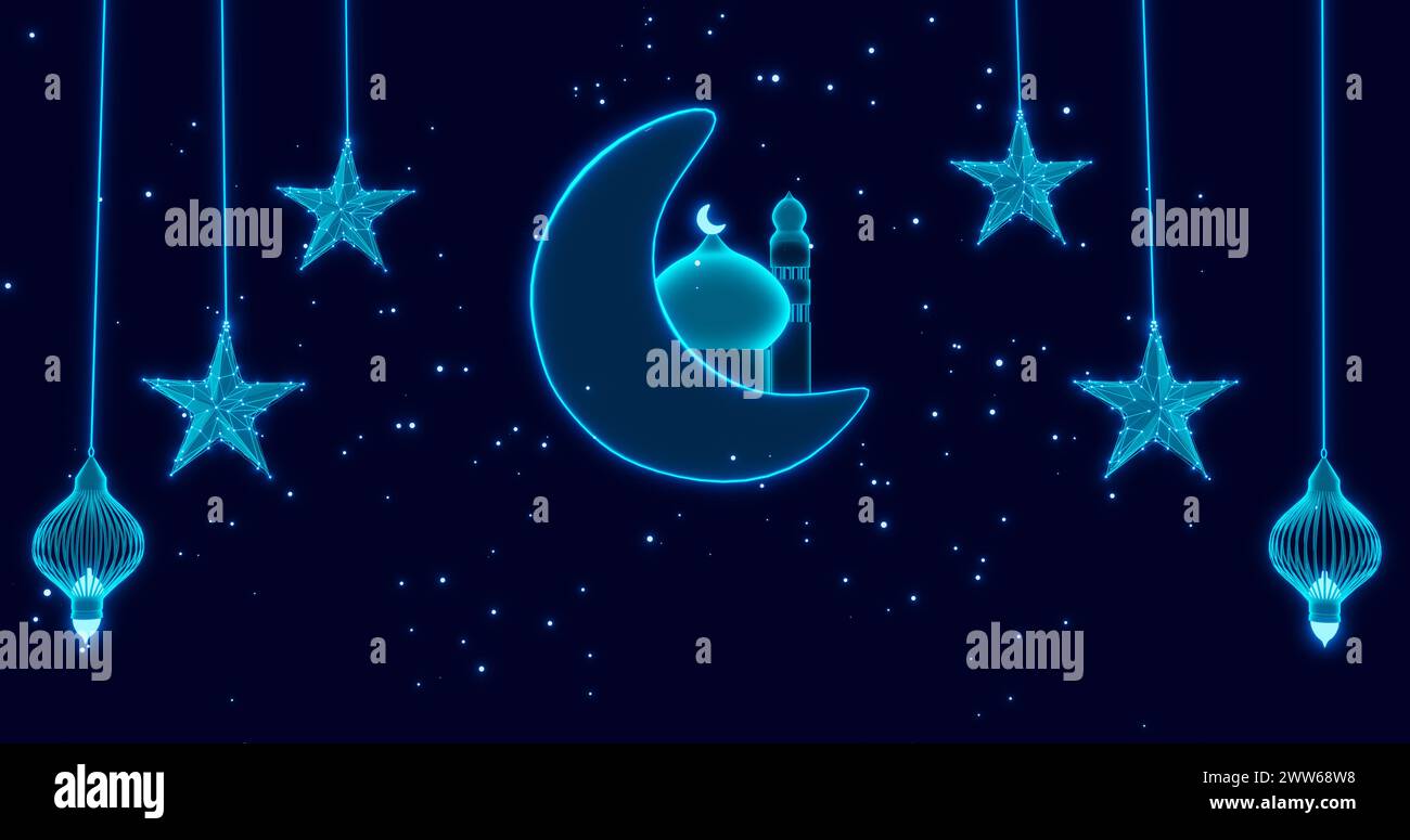 Islamischer Hintergrund mit Mondsichel, Moschee, hängenden Neonsternen und leuchtenden Partikeln. Ramadan, Mubarak, iftar, islamisch , Religion, muslimisch, Fasten, Stockfoto
