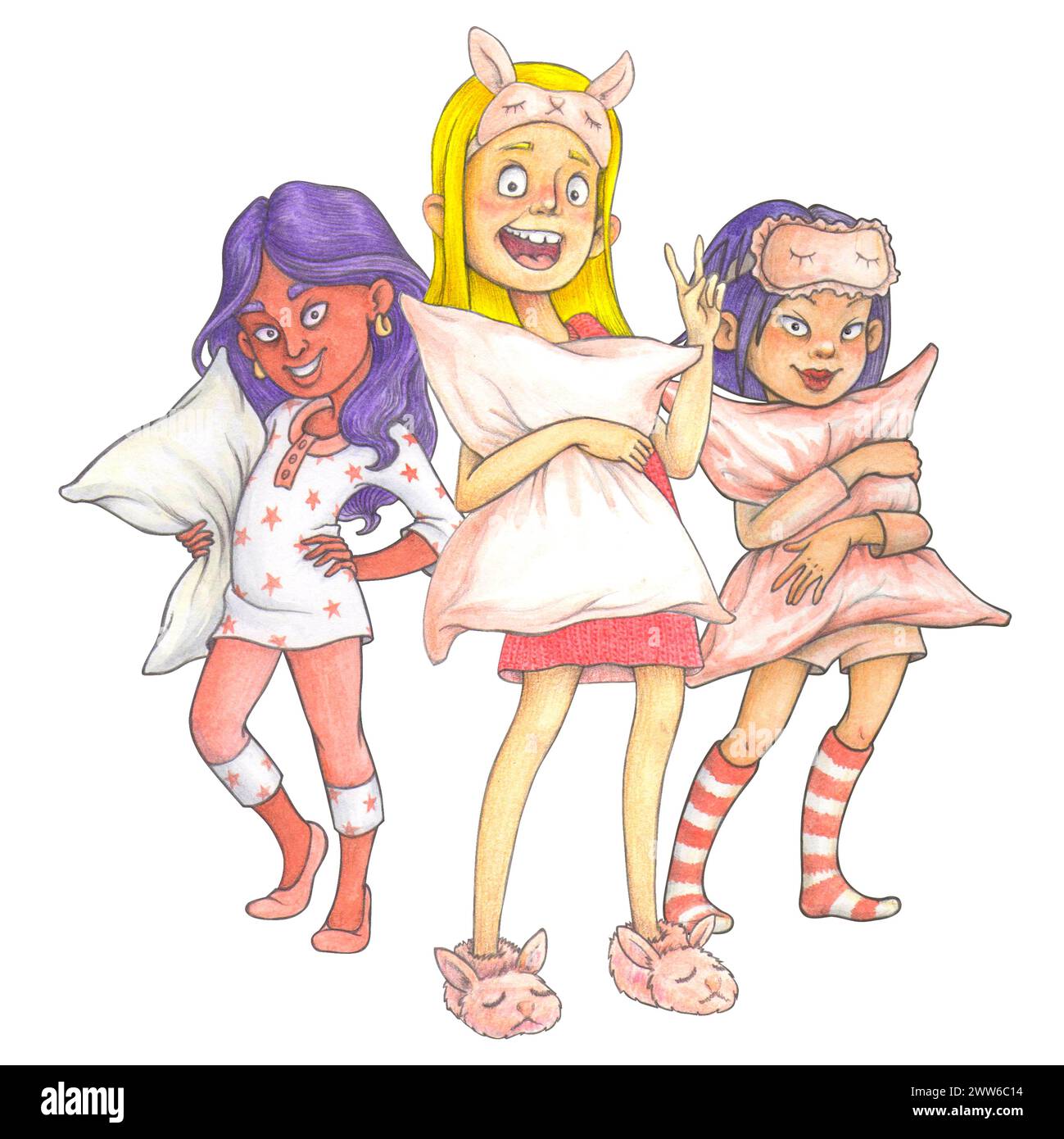 Coole junge Cartoon-Mädchen im Pyjama, bereit für eine Pyjama-Party oder einen internationalen Pyjama-Tag – isolierte handgezeichnete Komposition für das T-Shirt-Design Stockfoto