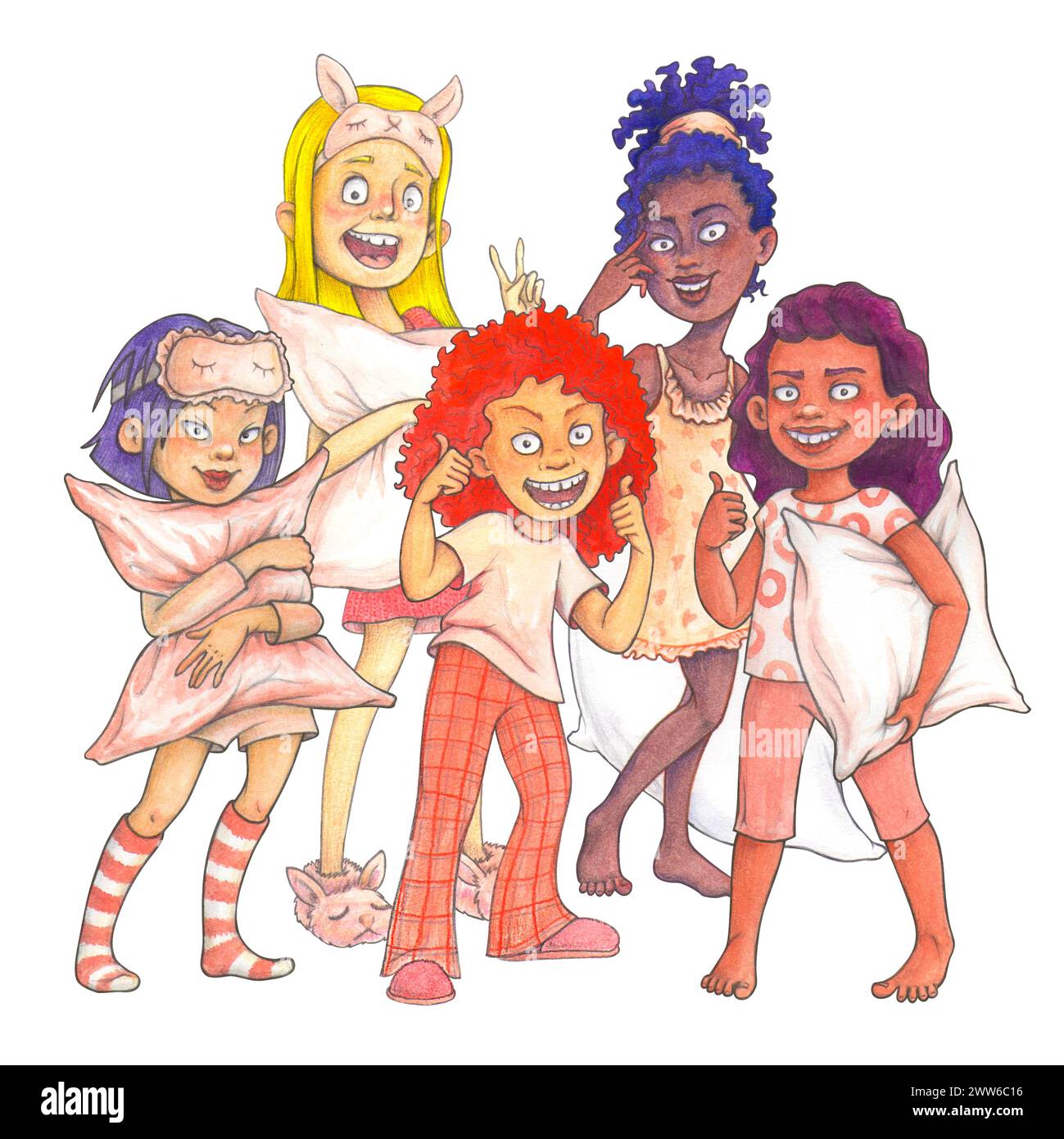 Jugendliche Mädchen im Pyjama mit Kissen mit positiven Gesten. Happy Cartoon Charaktere Zeigen Den Daumen Hoch. Isolierte Aquarellkomposition für T-Shirt Stockfoto