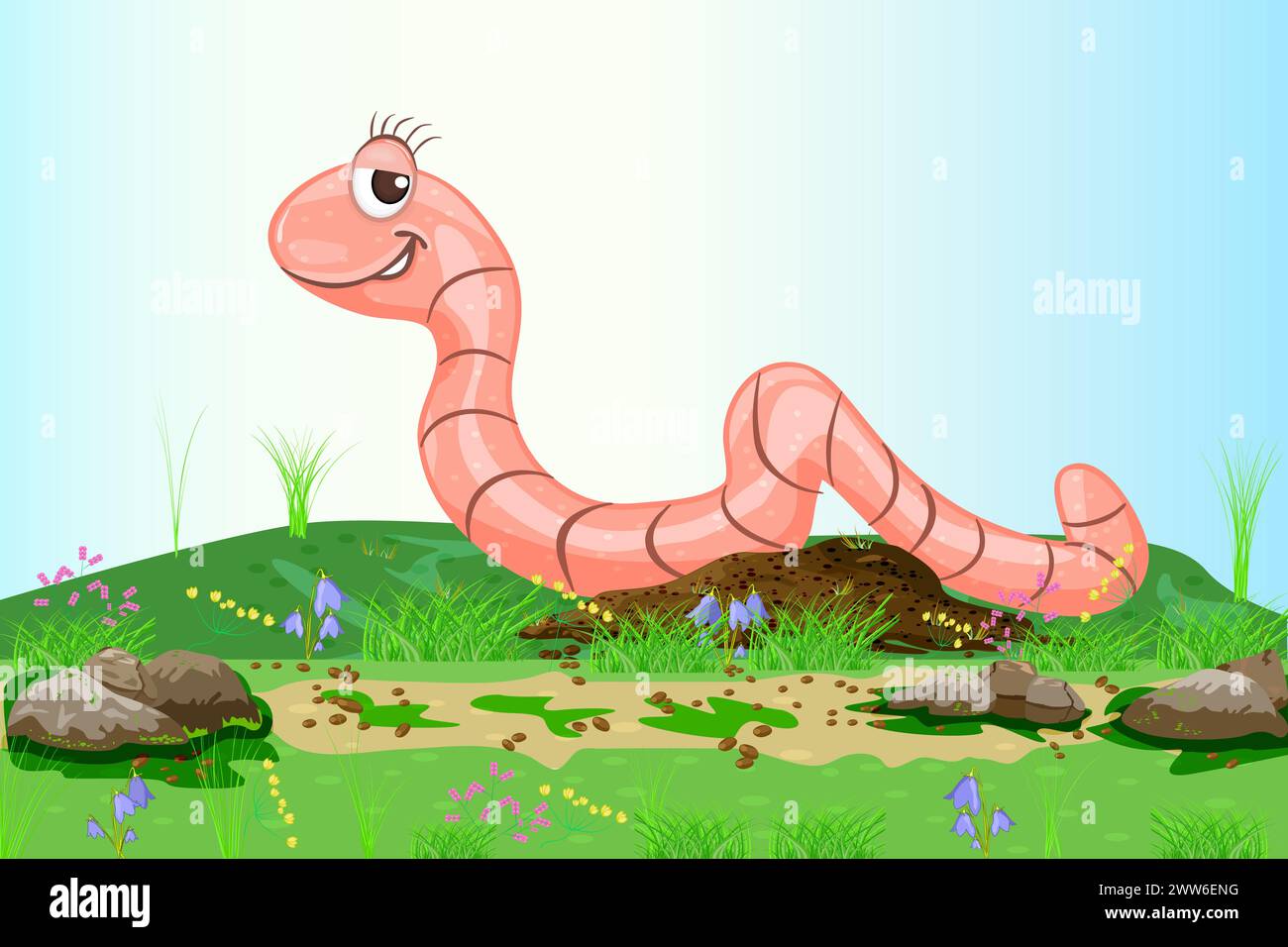 Regenwurm auf der Wiese. Niedliche Zeichentrickfigur raupe auf Sommerfeld mit Blumen. Frühlingsgarten Rasen und lustige Schraube. Abbildung des Materialvektors Stock Vektor