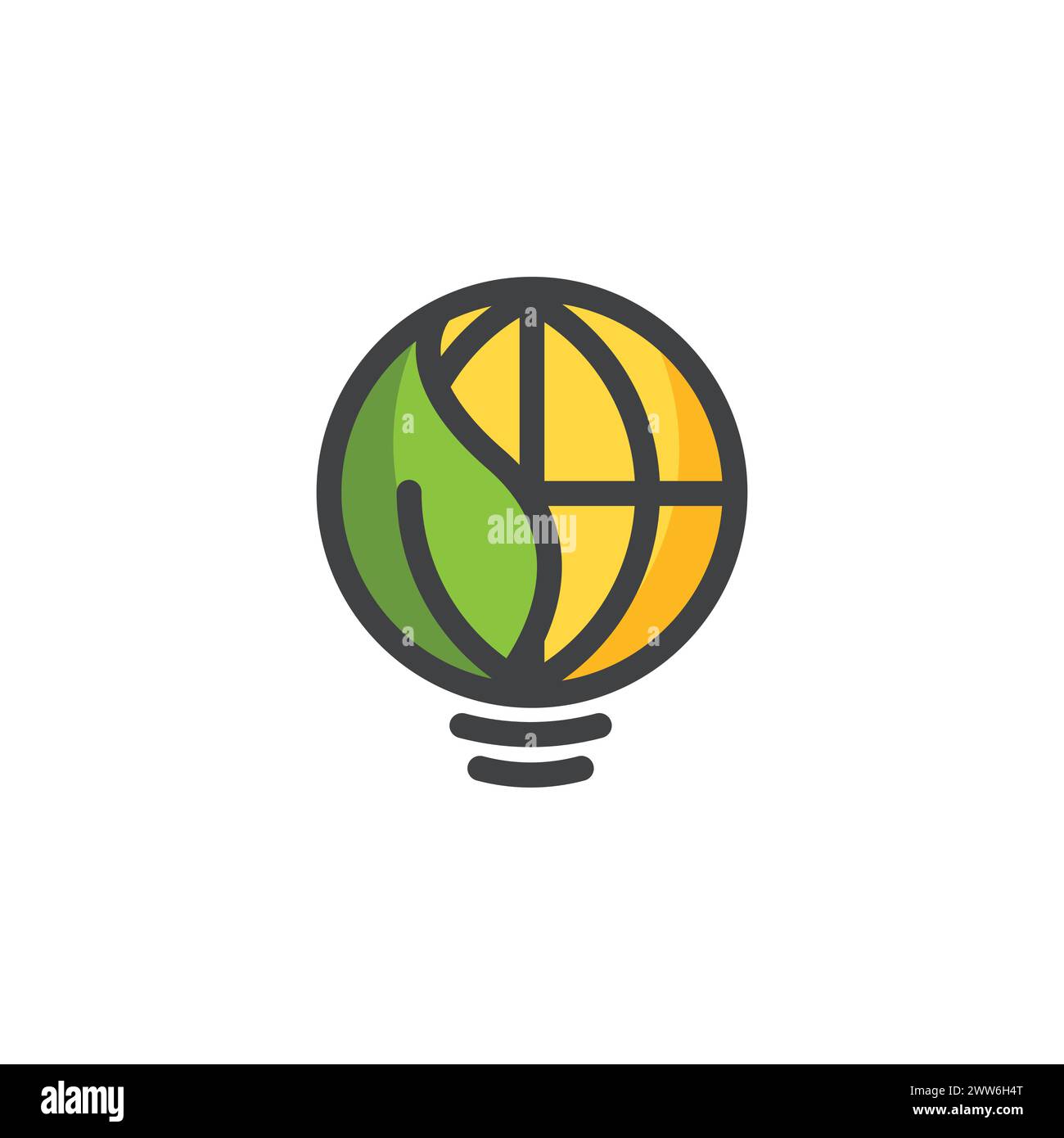 Abbildung des grünen ENERGY-Logos. Lampe mit Kugel und Blättern. Ökologiekonzept mit Glühbirne, Erde und Blättern. Symbol für Energiesparsymbol. Stock Vektor