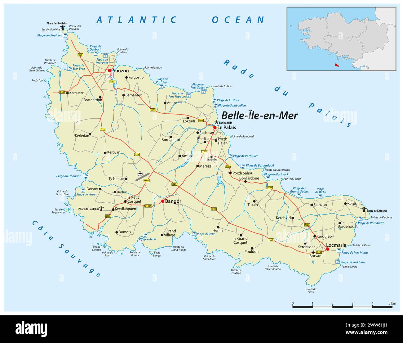 Straßenkarte der bretonischen Insel Belle-Ile-en-Mer, Frankreich Stockfoto