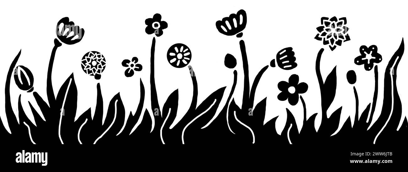 Panorama von Blumen und Kräutern auf weißem Hintergrund. Stilisierung. Schwarze Silhouetten. Dekorative, einfache Elemente. Linien, Punkte, Blütenblätter. Druckstil. Dekorativ. Stockfoto