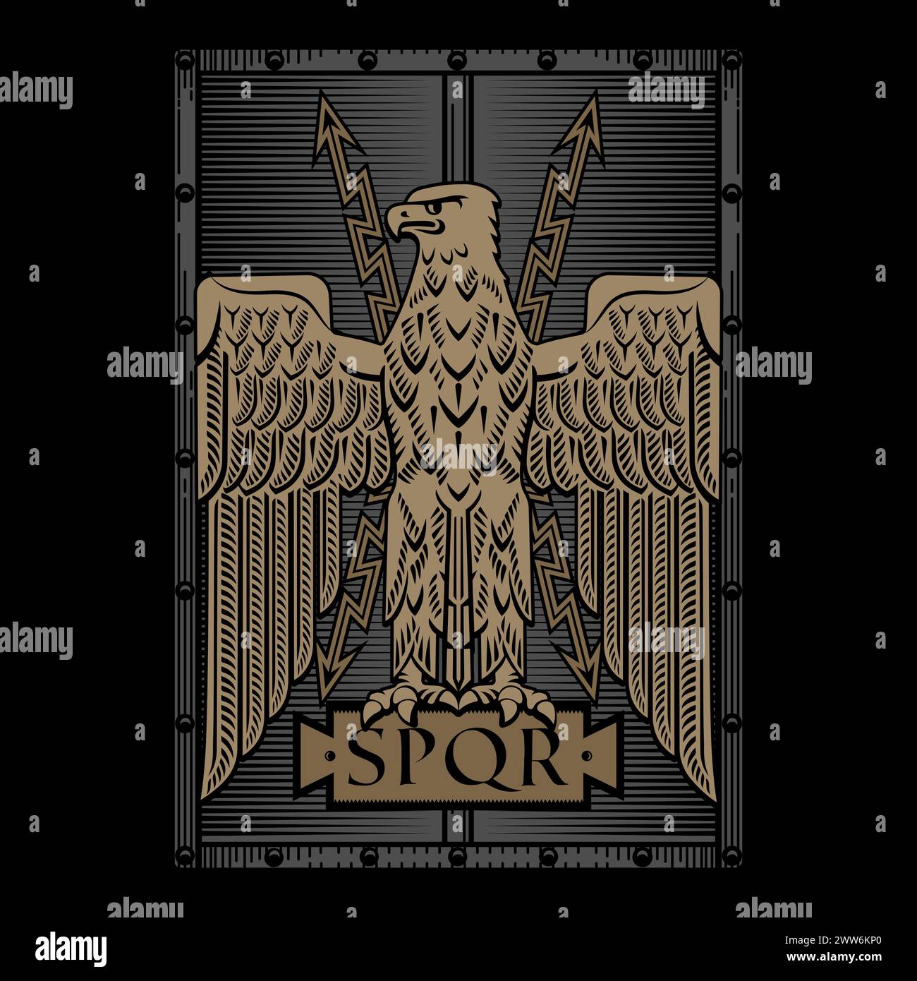 Antikes Design. Römischer Adler auf dem Hintergrund eines Schlachtschildes Stock Vektor