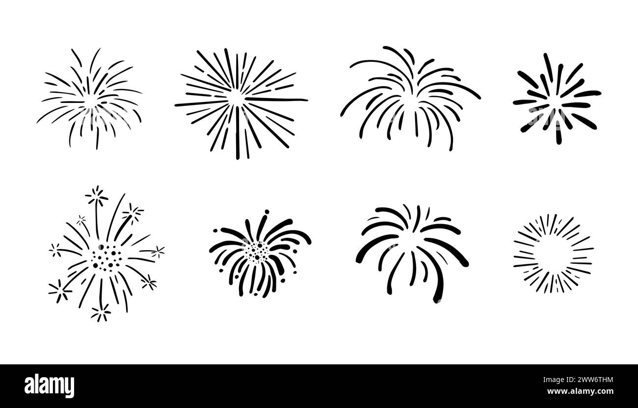 Set Feuerwerk Doodle Line Explosion Radialfunkler mit Strahlen, handgezeichnete Feuerwerkskörper einfache und runde Dekoration isoliert auf weißem Hintergrund. Vektorabbildung Stock Vektor