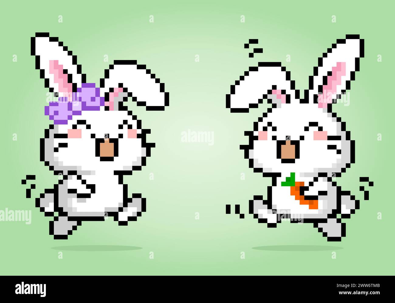 8 Bit Pixel Happy Rabbit Paare. Tiere für Spielmaterial und Kreuzstichmuster in Vektorabbildungen. Stock Vektor