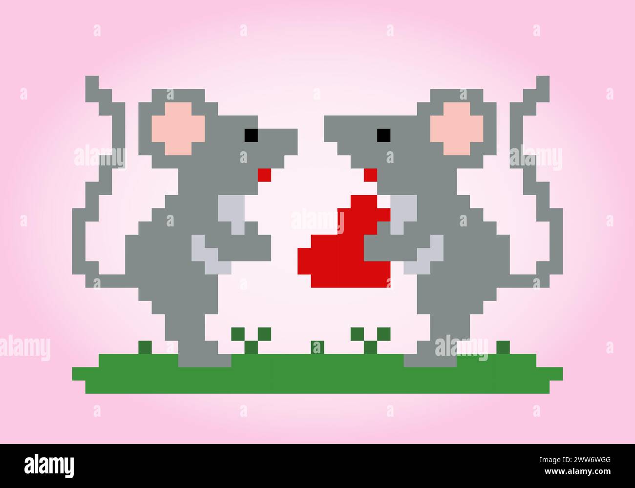 8-Bit-Pixel von verliebten Ratten. Tier für Spielelemente und Kreuzstichmuster in Vektorillustrationen. Stock Vektor