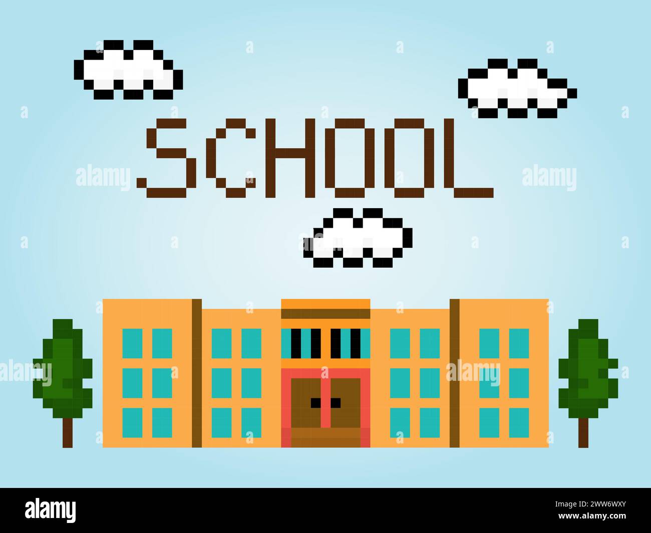8-Bit-Pixel des Schulgebäudes in Vektorillustration für Spielelemente. Stock Vektor