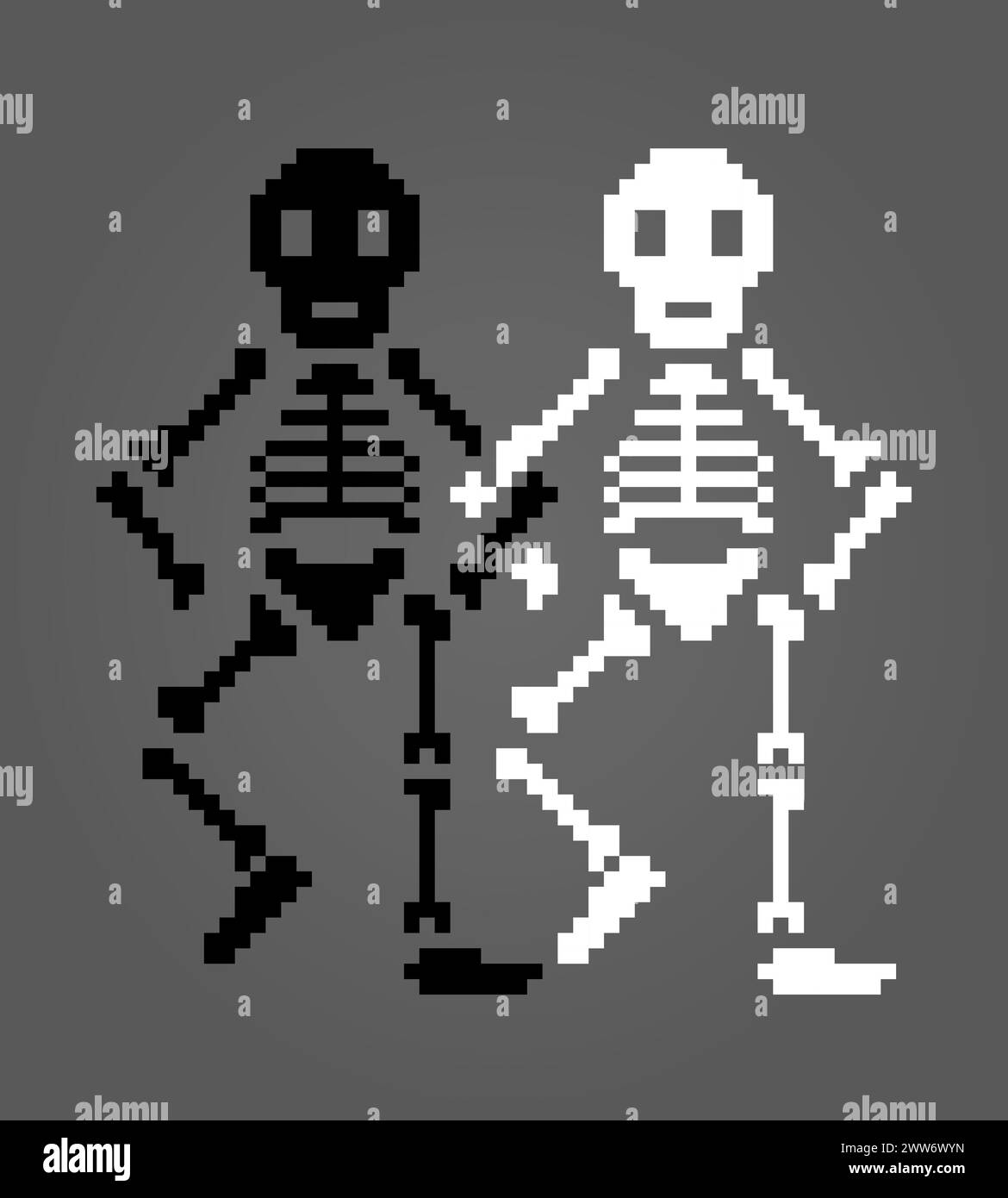 8-Bit-Pixel-menschliches Skelett für Spielelemente und Kreuzstichmuster in Vektorillustrationen Stock Vektor