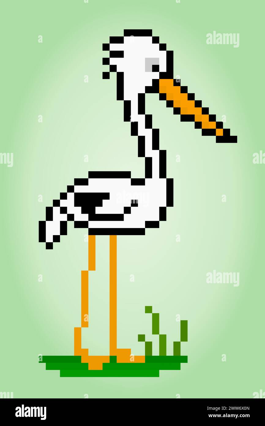 8-Bit-Pixel eines Storchs. Tierpixelgrafik für Spielelemente und Kreuzstichmuster in Vektorillustrationen. Stock Vektor