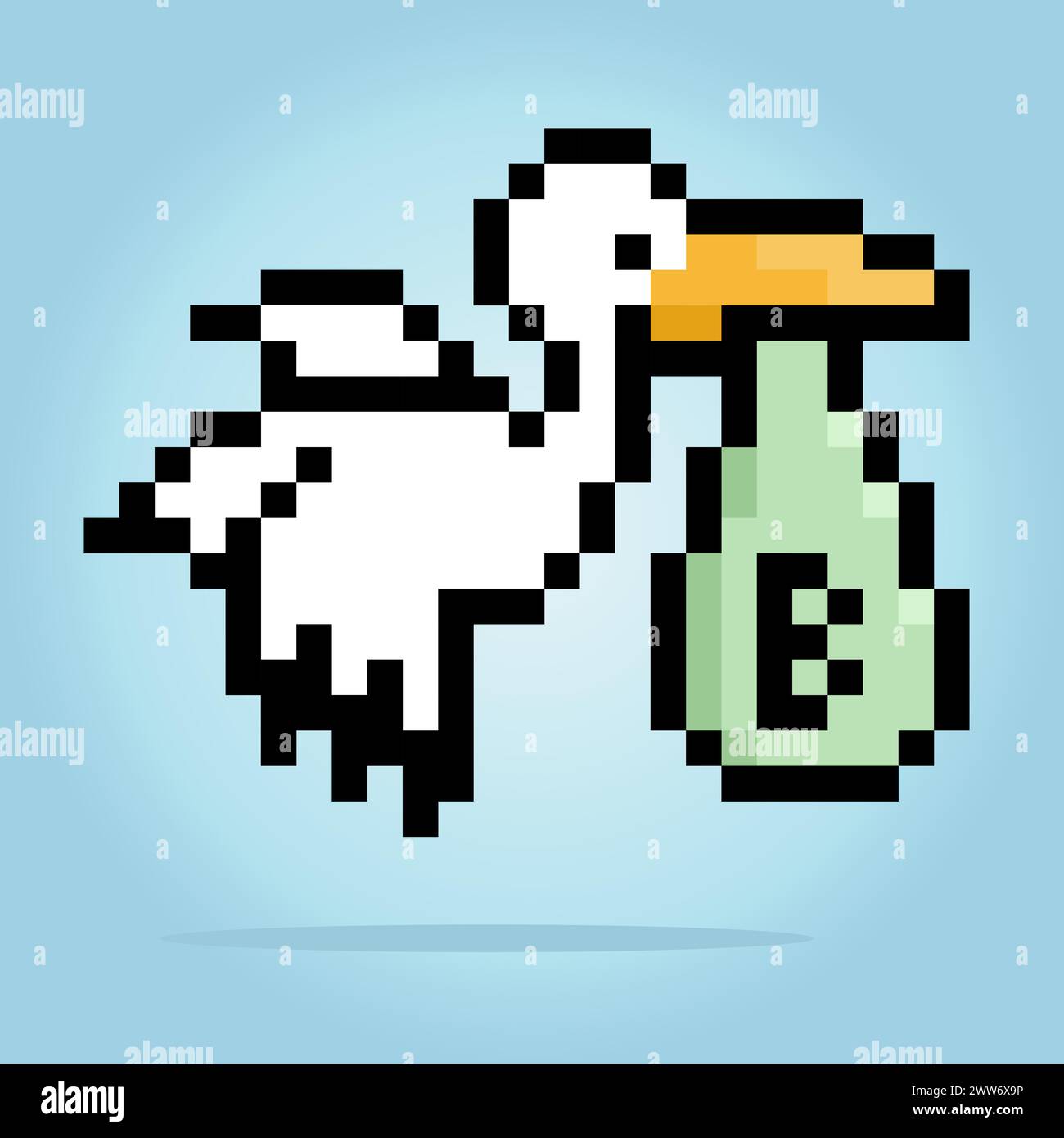 8-Bit-Pixel eines Storchs trägt Baby mit Taschen, Tierpixel für Spielelemente und Kreuzstichmuster in Vektorillustrationen. Stock Vektor