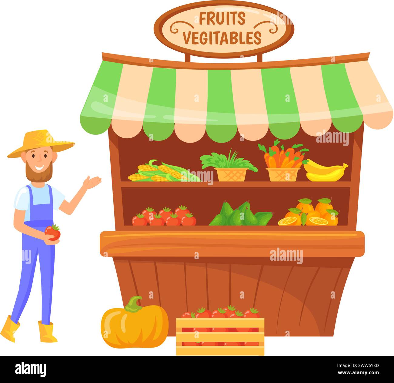 Stand des Bauernmarktes. Obst Gemüse Cartoon Stand isoliert auf weißem Hintergrund Stock Vektor