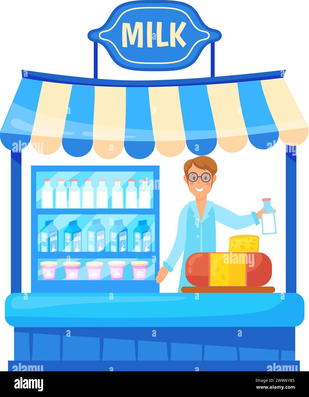 Ladentheke für Milchverkäufer. Cartoon Market Stand isoliert auf weißem Hintergrund Stock Vektor