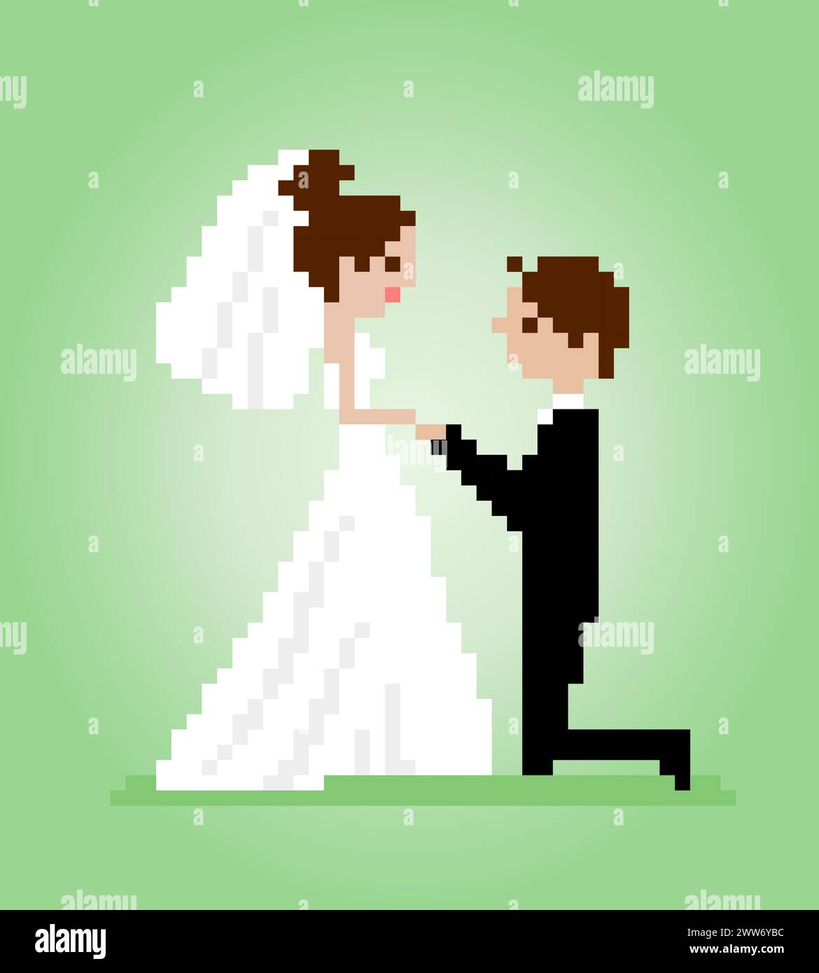 8-Bit-Pixel von Männern beantragen, dass eine Frau ihn heiratet. Werden Sie mein Pixel in Vektorillustrationen für Spielelemente oder Kreuzstichmuster sein? Stock Vektor