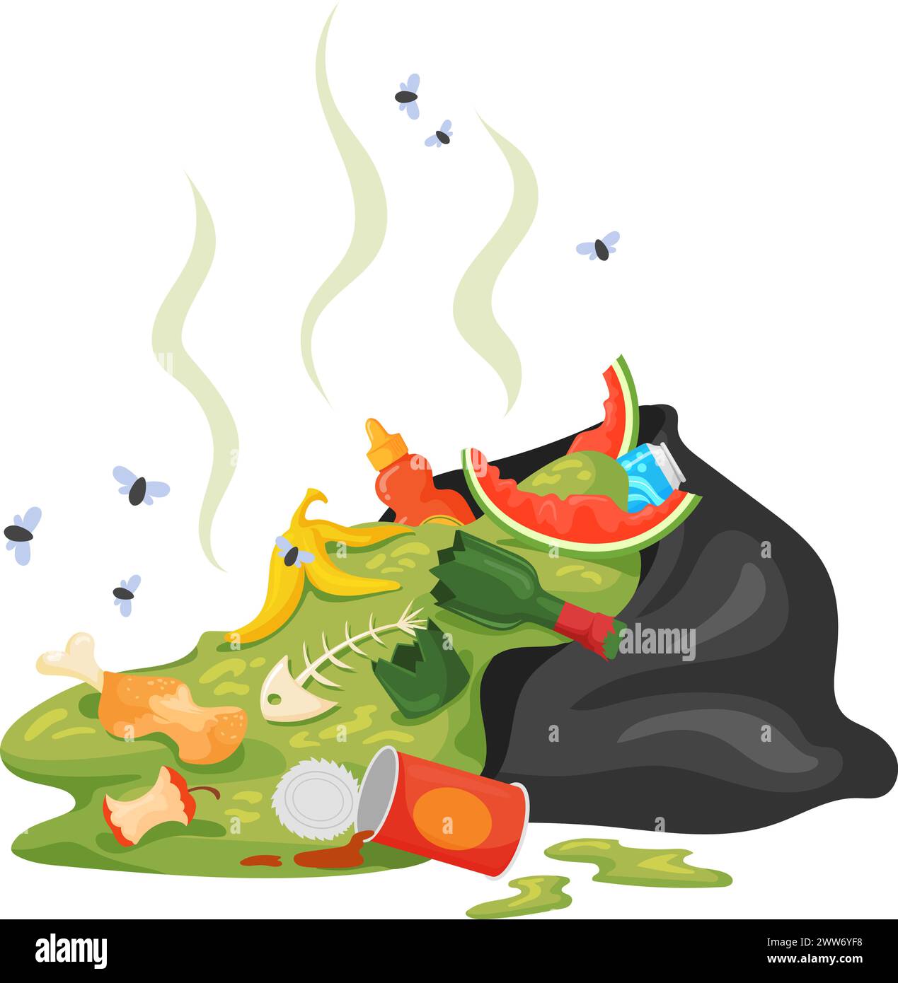 Riechender Müll. Symbol für verrottenden Müll im schwarzen Beutel isoliert auf weißem Hintergrund Stock Vektor