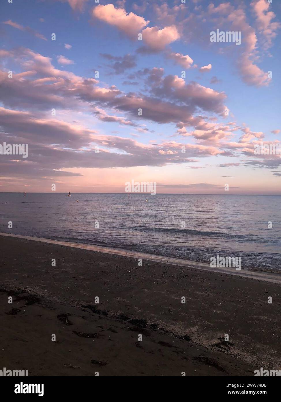 Strandufer mit ruhigem Meer bei Sonnenuntergang mit Wolken und Möwen Stockfoto