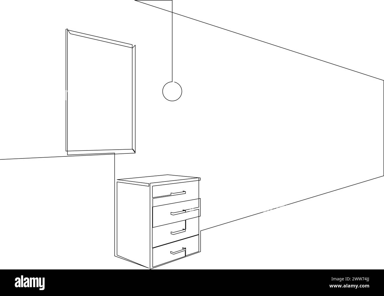 Durchgehende einzeilige Zeichnung des Innenraums mit Kommode, Rahmen für Foto und Lampe. Wohnzimmer mit einzeiligen Möbeln Stock Vektor